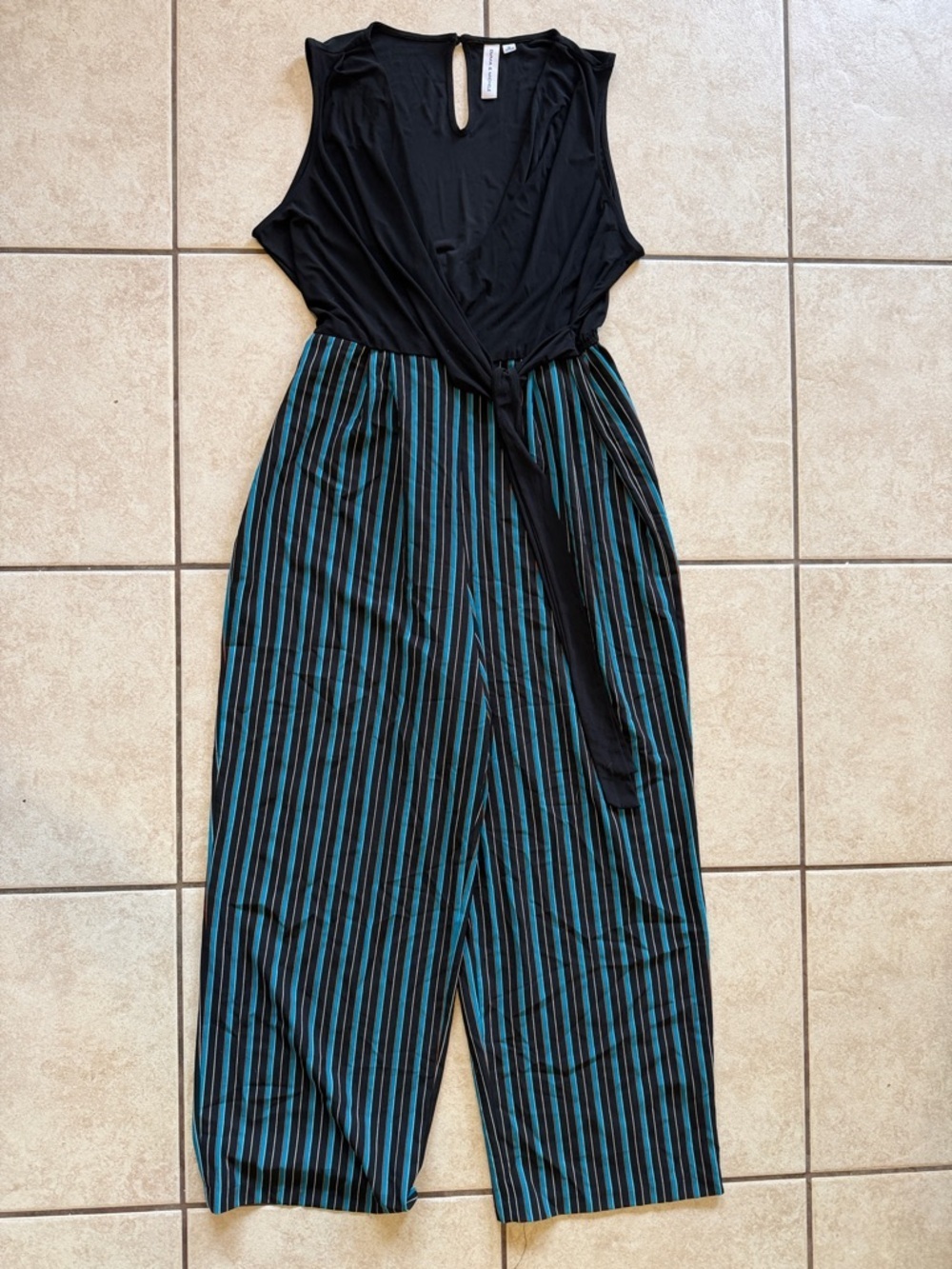 Emma & Michele Black Top with Teal and Black Striped Wide-Leg Jumpsuit